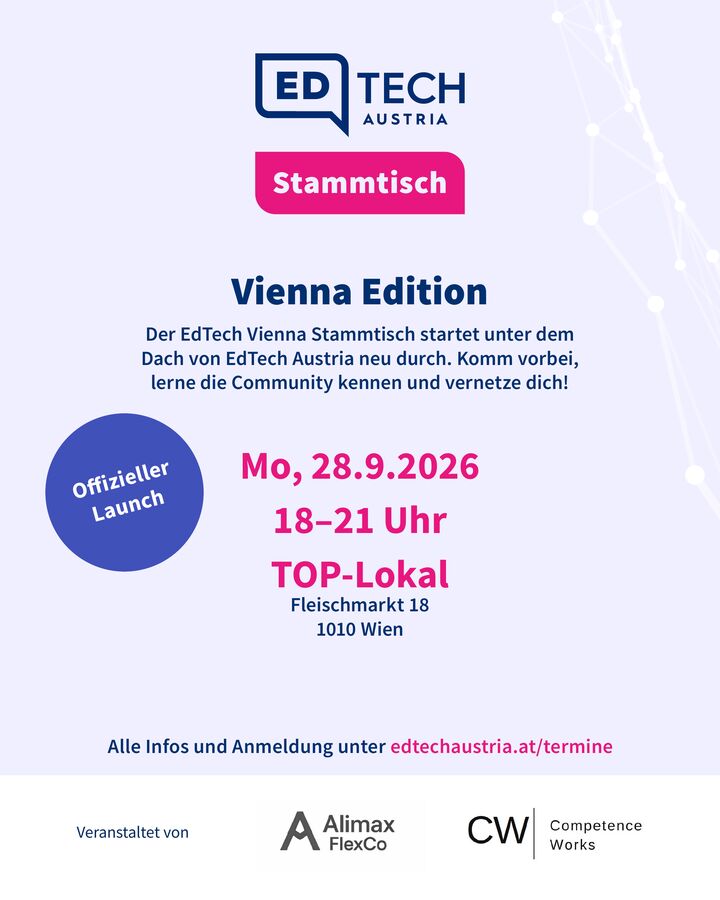 EdTech Austria Stammtisch, Vienna Edition poster: official launch, Mon 28 Sep 2026, 18:00–21:00, TOP-Lokal, Fleischmarkt 18, 1010 Vienna.