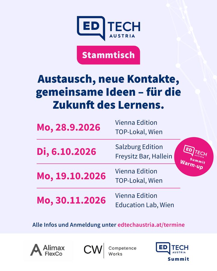 EdTech Austria Stammtisch overview poster listing all four 2026 editions: Vienna 28 Sep (official launch), Salzburg 6 Oct, Vienna 19 Oct, and Vienna 30 Nov.