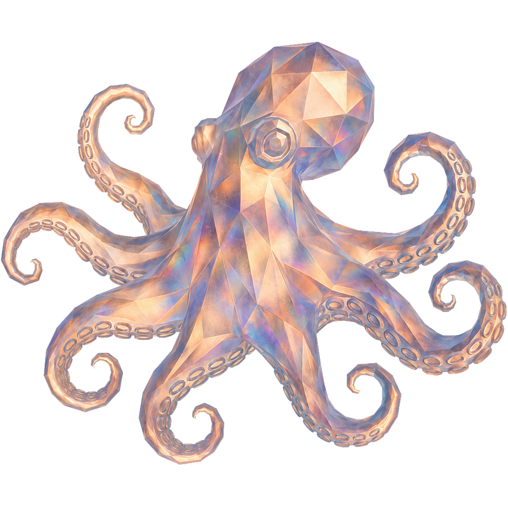 Der Alimax-Oktopus, dargestellt als warme, facettierte Glasform